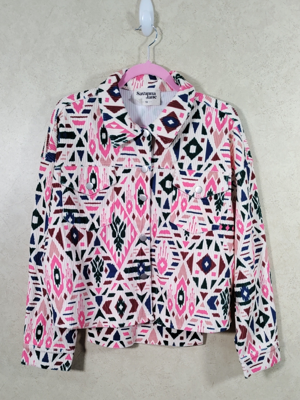 H195 Savanna Jane geometric print pink & teal wide wale corduroy jacket 1X NEW